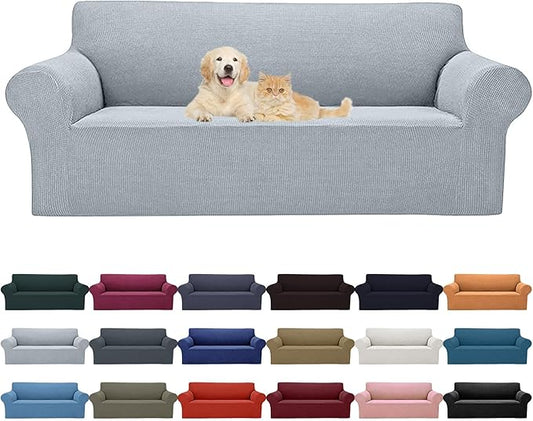 2025 New Stretch Oversized Sofa Slipcovers Couch Sofa Cover for 4 Seater Furniture Protector Covers with Elastic Bottom Jacquard Fabric Small Checks for Pets, Kids - Silver
