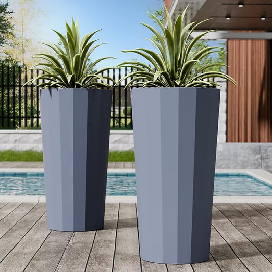 2PCS Tall Planters for Outdoor Plants, 23.6 Inches Large Outdoor Conical Flower Pots for Porch with Drainage Holes and Drainage Baffle, Tapered Large Planters for Garden, Balcony Use, Grey