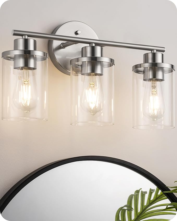 EDISHINE Bathroom Light Fixtures, 3-Light Bathroom Vanity Light Over Mirror, Brushed Nickel Wall Sconces Lighting with Clear Glass Shade Modern Bath Wall Mount Lamp for Vanity Table, Powder Room