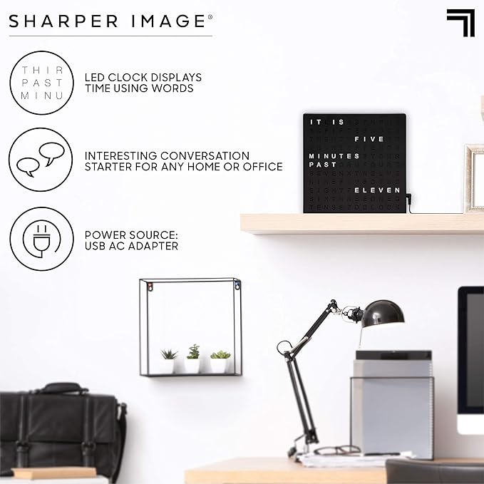 Sharper Image® LED Word Clock – 7.75" Light-Up Digital Clock for Desk & Wall| Modern Time Display Accent Clock| Unique Home Office Décor| Living Room Kitchen Bedroom| Housewarming Gift for Men & Women