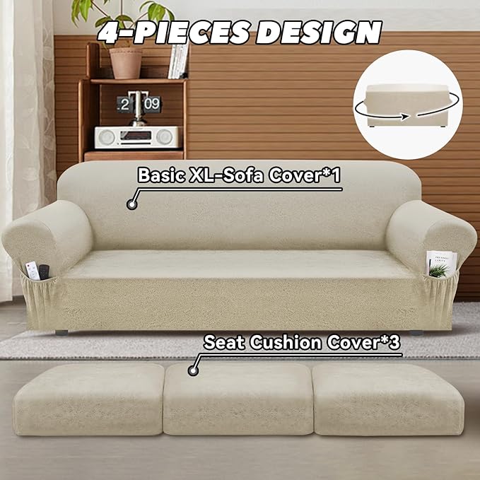 Sofa Slipcover with Armrest Pockets 4-Piece Set, Stretch Faux Leather Extra Large Couch Covers for 3-Cushion Couches(Fits 98-112") - Machine Washable, Pet & Kid Friendly - Beige