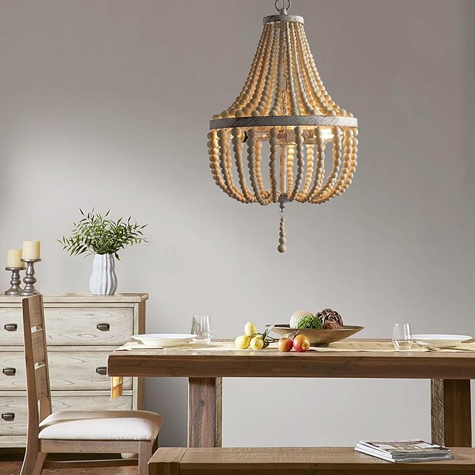 3-Lights Wood Bead Chandelier Boho Light Fixture,Antique Rustic Metal White Oak Beaded Chandelier Kitchen Island Pendant Lighting for Dining Room,Bedroom,Entryway,Foyer