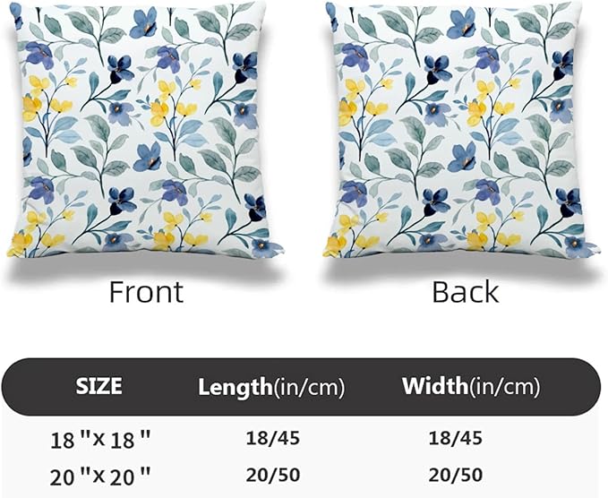 Spring Flowers Pillow Covers 18x18 Inch Set of 2 Blue and Yellow Flower Throw Pillow Cover Vintage Plant Floral Square Pillowcase Cushion Cases for Home Couch Bed Sofa