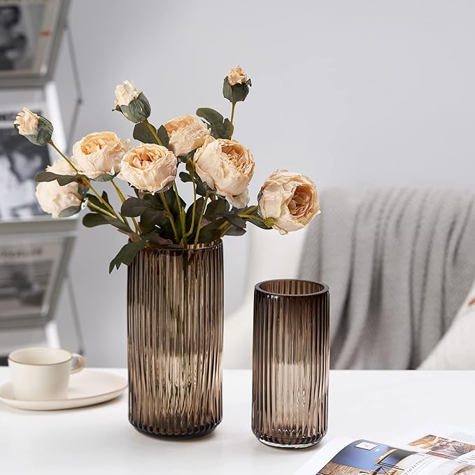 Flower Vase 9.7 inch Amber Thickened Hand Blow Glass Vase Round Vintage Striped Bottles for Bookshelf,Dinner Table,Indoor Office Desktop,Meeting Room,Bathroom,Home