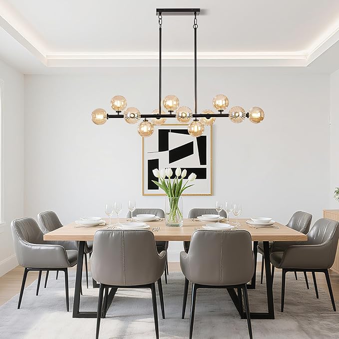 50 Inch Large Sputnik Globe Chandelier, 12-Light Mid Century Modern Light Fixture Over Table, Black Linear Chandeliers for Dining Room Kitchen Island Living (Amber Glass Bubble Shades)
