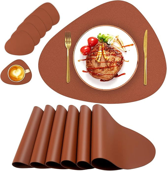 Faux Leather Fall Placemats Set of 6 Wipeable Washable Place Mats for Round Table Table Mats for Kitchen Dining Patio, Heat Resistant Easy to Clean Oval Brown Placemat
