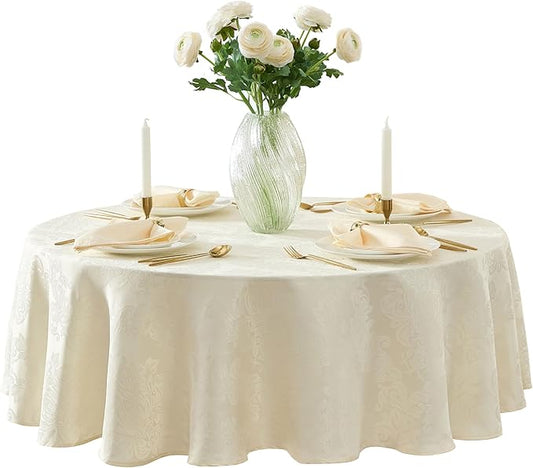 Newbridge Barcelona Luxury Damask Fabric Tablecloth, 90” Round, Antique White, 100% Polyester, No Iron, Soil Resistant Dining Room, Party and Banquet Table Cover
