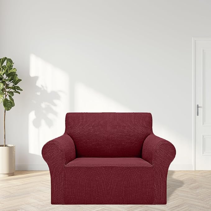 Cupuamon 2025 New Stretch Chair Sofa Slipcovers Couch Cover for 1 Seater Furniture Protector Sofa Covers with Elastic Bottom Jacquard Fabric Small Checks for Pets, Kids - Dark Red