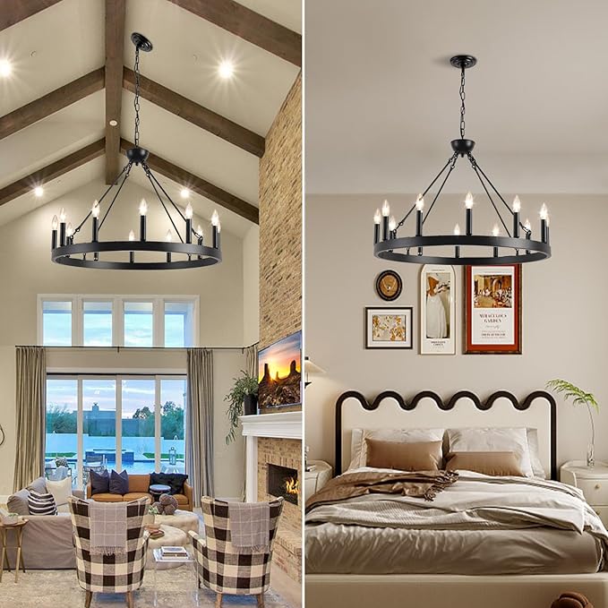 Wagon Wheel Chandelier 32" 12-Light, Round Black Chandeliers Farmhouse Modern Wagon Wheel Light Fixtures, for High Ceiling Dining Living Room, Foyer, Entryway