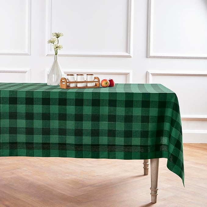 Solino Home Linen Checkered Tablecloth 60 x 108 Inch - 100% Pure Linen Buffalo Plaid Green and Black Table Cloth for Rectangular Tables - Machine Washable Tablecloth for Christmas, Winter