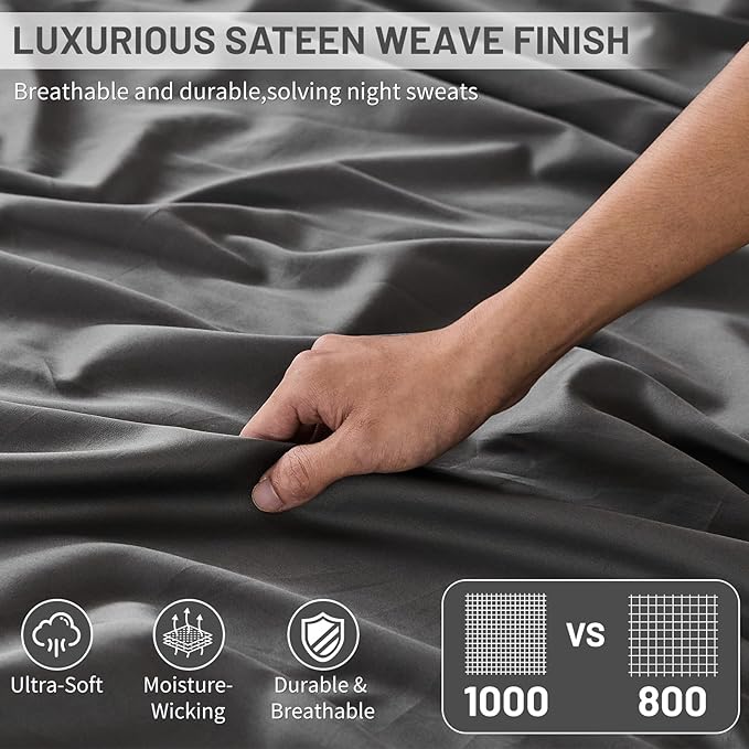 MEISHANG Extra Deep Pocket Cotton Sheets King Size - 100% Egyptian Cotton 1000 Thread Count - Fits 18"-24" in Deep Mattress,Oeko-Tex Certified, Soft & Breathable - 4 Piece (King, Dark Grey)