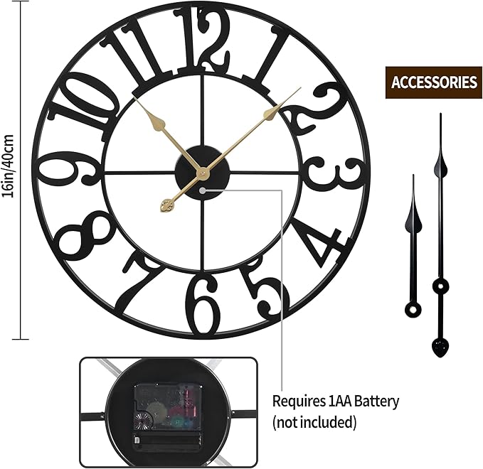 1st owned Wall Clock 16 Inch Round Large Indoor Wall Clocks Battery Operated Silent Non Ticking, Farmhouse Vintage Decorative Analog Metal Clock for Living Room, Kitchen, Bedroom Decor