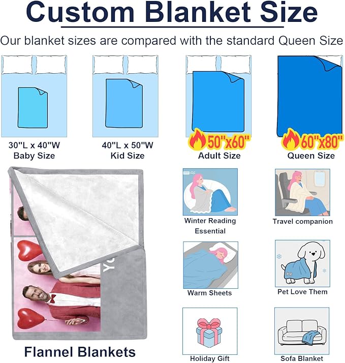 Jecivila Custom Blanket with Picture Text Personalized Photo Flannel Throw Blankets Customized Couple Gifts for Girlfriend Boyfriend Wife Husband on Valentine's Day Birthday