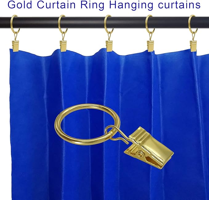 44 Pack Curtain Rings with Clips, Curtain Clip Rings Hooks, Bow Hanger Clips for Hanging Drapery Drapes Bows, Ring 1 inch Interior Diameter, Fits up to 5/8" Rod, Gold