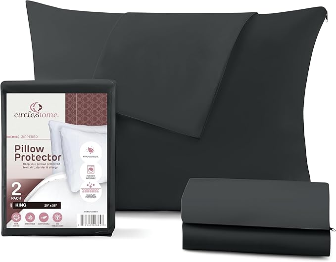 CirclesHome Pillow Protectors 2 Pack King Zippered - 100% Cotton Breathable Pillowcases - Protects Pillows from Dirt, Dust and Debris (King - Set of 2 - 20x36)