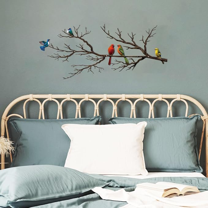 Metal Birds Wall Art, Metal Vivid Birds on Branch Silhouette Wall Decor Black Leaves with Bird Outdoor Hanging Wall Sculpture for Home Balcony Garden (Vintage Color, Small)