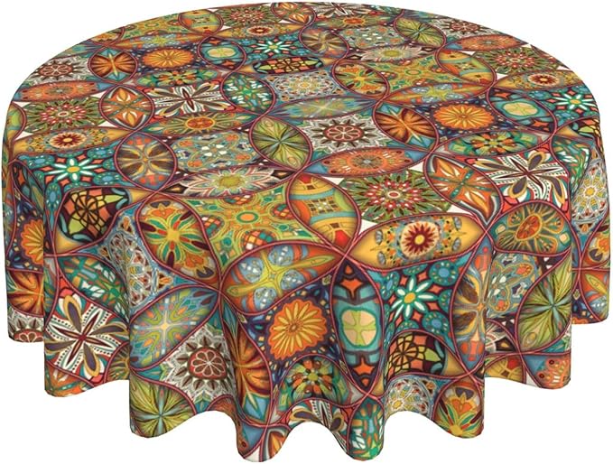 Mexican Ceramic Round Tablecloth, Colorful Talavera Tile Mandala Traditianal Boho Water Resisitant Wipeable Table Cover for Dining Kitchen Living Room Home Party Holiday Decor 70 inch Round