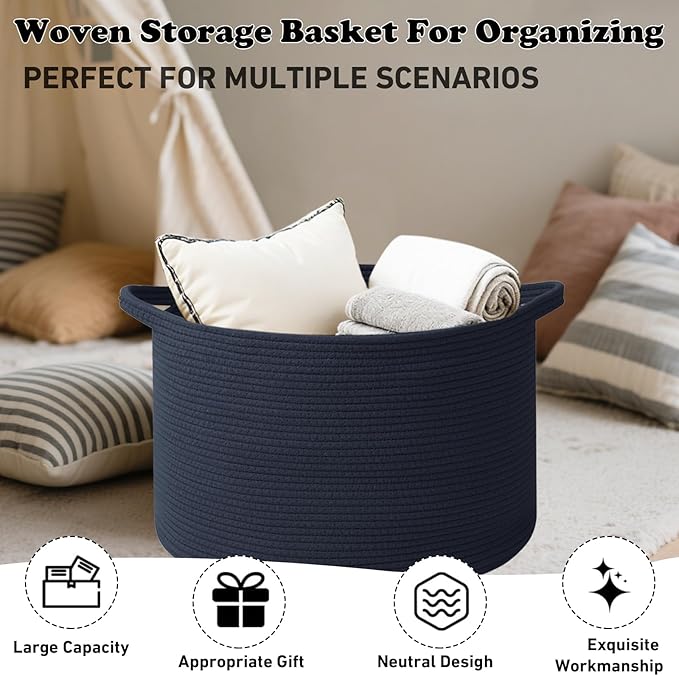 Large Blanket Basket for Organizing,65L Closet Organizers and Storage Bins Box for Shelves Woven Rope Storage Baskets,Living Room,Bedroom,Dorm,Laundry room (Dark Blue)