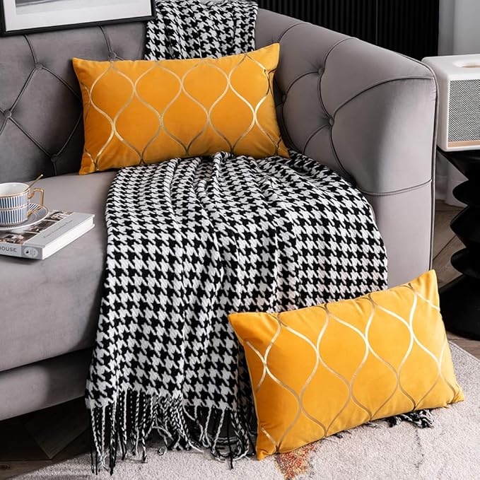 12x20 Inch Gold Velvet Throw Pillow Covers: 2 Pack Rectangular Decorative Pillow Cases for Bedroom Sofa Couch Living Room, Yellow