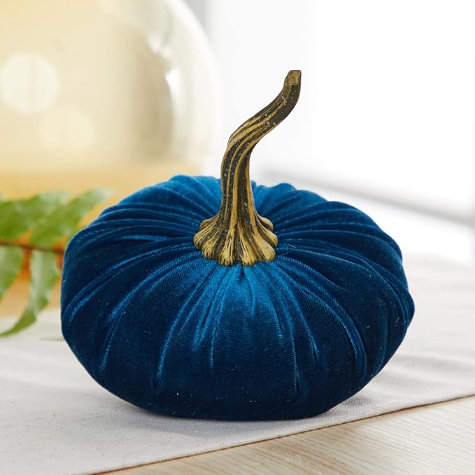 Set of 3 Velvet 6.25 Inch Pumpkins, blue pumpkins, fall decorations for the home, elegant autumn accent, bowl filler for centerpiece, basket for hostess gift, mantel decor (Slate, Gray, Teal)