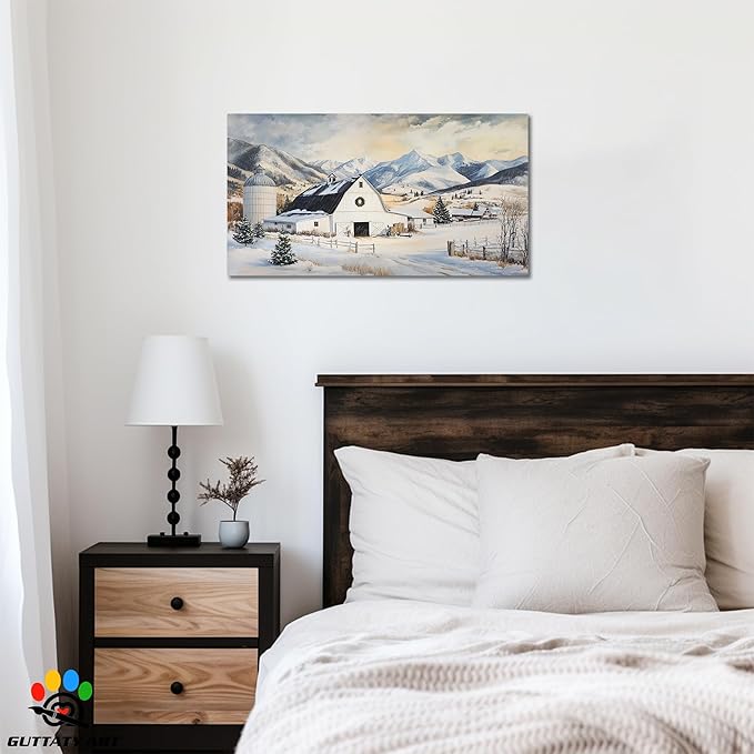 GUTTATY Christmas Winter Farm Canvas Wall Art, Snowy Mountain Scene Canvas Prints, Rustic Barn Painting Pictures for Living Room, Holiday Wall Decor, Country Landscape Poster Artwork, 40x20 Inch