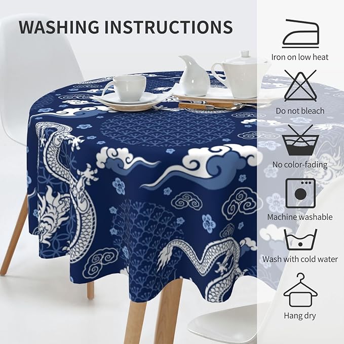 Japanese Tablecloth Round, Blue Traditional Zodiac Dragon Vintage Asian Style Oriental Water Resisitant Table Cover for Dining Kitchen Living Room Home Party Holiday Decor 70 inch Round