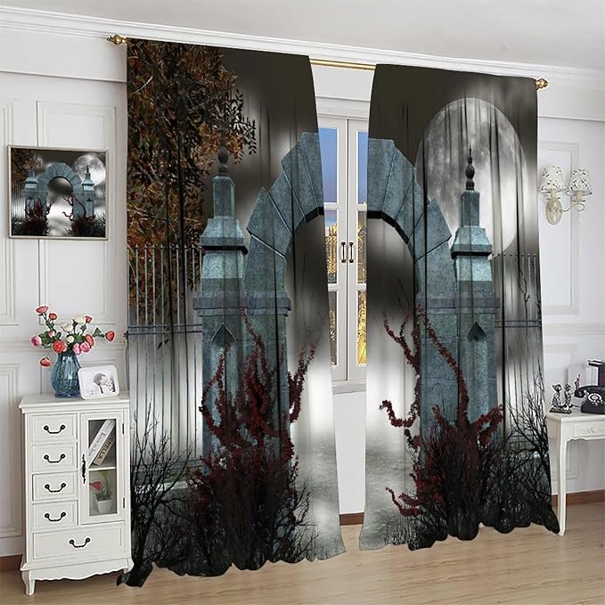 Gothic Mid Century Blackout Curtains, Scary Medieval Moon Dark Night Theme Window Drapes, for Living Room Bedroom 31.5(W)*63(L) 2 Panels