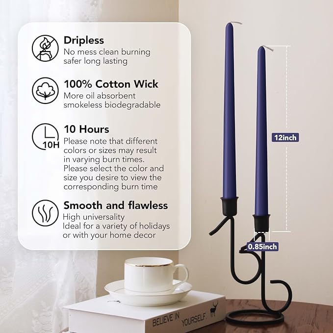 New Burning Formula Unscented Dripless 12-Inch Taper Candles Set of 12 - Navy Blue, for Wedding, Dinner - Smokeless, Long Burning - Hand Poured, Colored Tall Candlesticks - Azul Marino