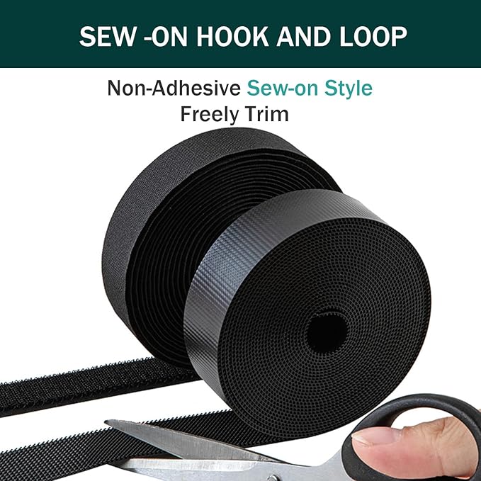 Sew on Hook and Loop Strips 1in x 5yd | Easy to Sew | Excellent Grip | Non-Adhesive Back Nylon Strips Fabric Fastener Non-Adhesive Interlocking Tape for Clothing Sewing Crafts and DIY Projects, Black