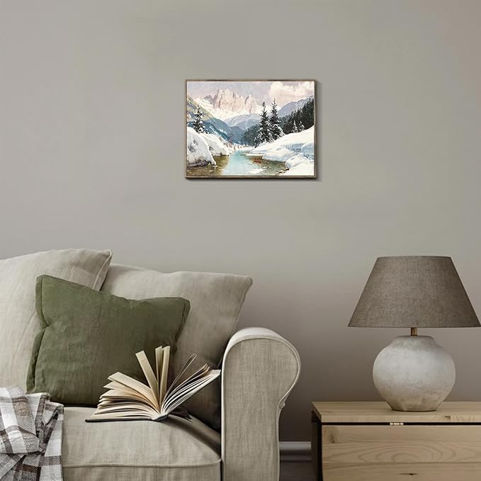 XOCUUI Vintage Unframed Canvas Wall Art, Snow Stream River Tree Cloud Winter Christmas Wall Art, Farmhouse Landscape Art Hanging Paintings for Living Room Bathroom Bedroom,8x10in