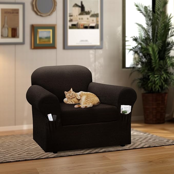 Chair Slipcover with Armrest Pockets 2-Piece Set, Stretch Faux Leather Chair Cover for Armchairs(Fits 31-45") - Non-Slip, Machine Washable, Pet & Kid Friendly - Dark Brown
