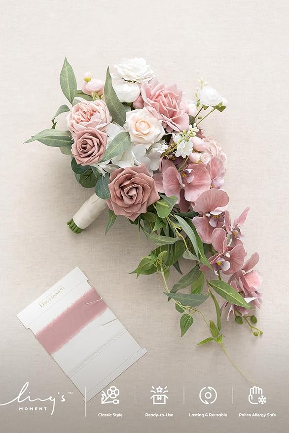Ling's moment Dusty Rose Bridal Bouquet Cascading, Pink Wedding Bouquets for Bride, 15 Inch Bride Bouquet Orchids Artificial Wedding Flower Bouquet