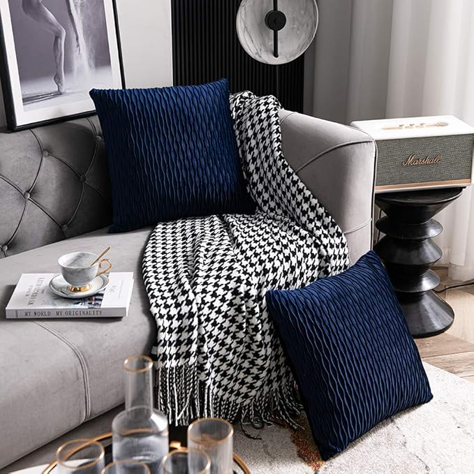 Navy Striped Couch Pillow Cases: 2 Pack 18x18 Inch Original Velvet Square Throw Pillow Covers for Farmhouse Home Decor
