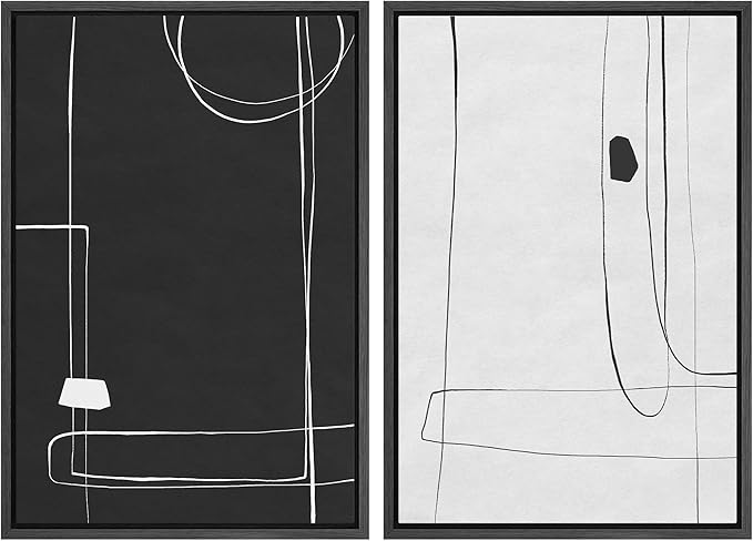 SIGNWIN Framed Canvas Print Wall Art Set Grunge Mid-Century Geometric Lines Abstract Shapes Illustrations Modern Art Minimal Boho Relax/Calm for Living Room, Bedroom, Office - 24"x36"x2 Black