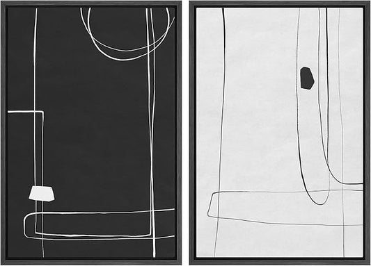 SIGNWIN Framed Canvas Print Wall Art Set Grunge Mid-Century Geometric Lines Abstract Shapes Illustrations Modern Art Minimal Boho Relax/Calm for Living Room, Bedroom, Office - 24"x36"x2 Black