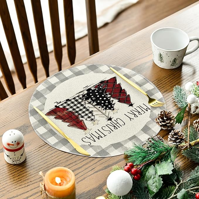Artoid Mode Watercolor Grey Buffalo Plaid Christmas Trees Round Placemats Set of 4, 14 Inch Seasonal Winter Xmas Holiday Round Table Mats for Party Kitchen Dining Decoration