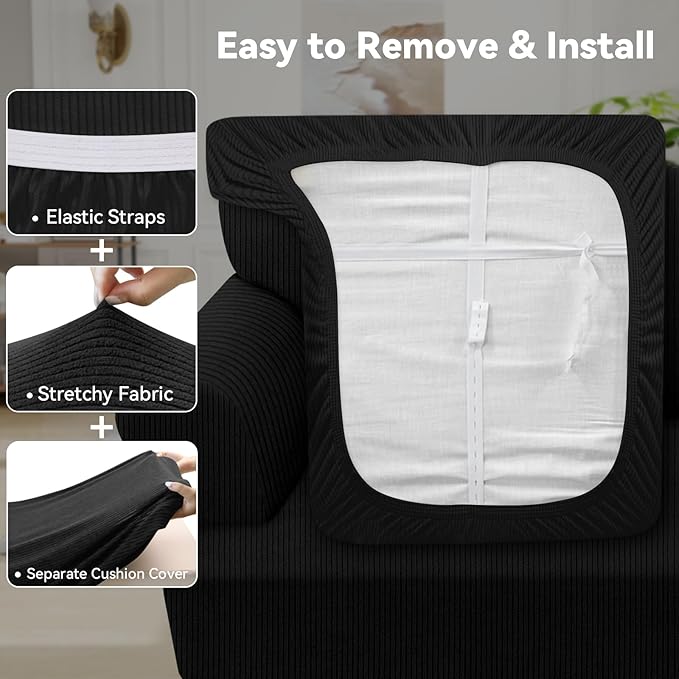 Waterproof Couch Cover 4-Piece Set Striped Sofa Slipcovers for 3 Separate T Cushion Couch - TPU Fabric Sofa Covers Leakproof Couch Protector for Kids, Pets(3 Cushion Sofa, Black)