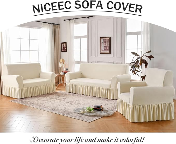 NICEEC Loveseat Cover Thick Plush 1-Piece Warm Beige-Yellow Slipcover for Loveseats Stretch Fluffy Couch Covers for Living Room Easy Fit Washable Soft Furniture Sofa Protector with Skirt
