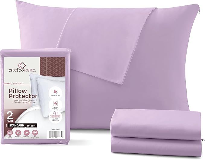 CirclesHome Pillow Protectors 2 Pack Standard Zippered - 100% Cotton Breathable Pillowcases - Protects Pillows from Dirt, Dust and Debris (Standard - Set of 2 - 20x26)