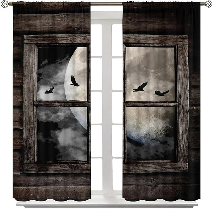 Gothic Halloween Blackout Window Curtains, Black Birds Crow Dark Print Window Drapes, for Home Kids Boys Bedroom Living Room 21(W)*54(L) 2 Panels