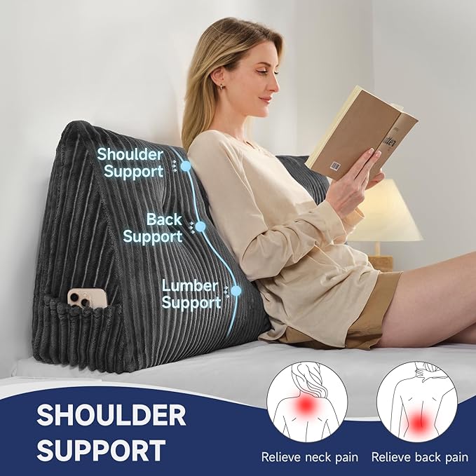 Z-hom Twin Headboard Pillow, Triangular Wedge Reading Pillow for Bed or Sofa, Ergonomic Backrest Cushion for Sitting Up, Reading or Relaxing, with Side Pocket，Removable Washable Cover,Grey