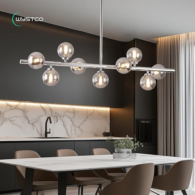 Mid Century Modern Globe Sputnik Chandelier, 9-Light Linear Chandeliers for Dining Room and Kitchen Island, Dining Light Fixture Over Table, Chrome and Smoke Grey Glass Bubble, 40 Inch