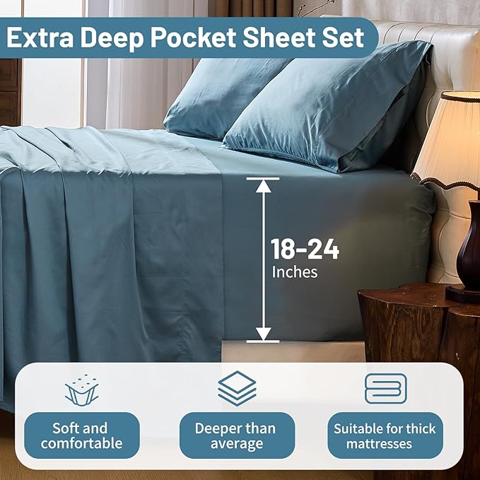 MEISHANG Extra Deep Pocket Cotton Sheets Queen Size - 100% Egyptian Cotton 1000 Thread Count - Fits 18"-24" in Deep Mattress,Oeko-Tex Certified, Soft & Breathable - 4 Piece (Queen, Smoky Blue)