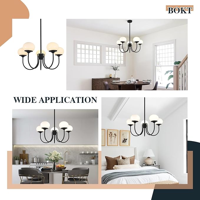 BOKT 5 Lights Mid Century Chandelier Light Fixture Black Sputnik Pendant Lights Milk Glass Globe Chandelier Adjustable Modern Farmhouse Dining Room Sputnik Kitchen Island Lighting BPL01-BK-5