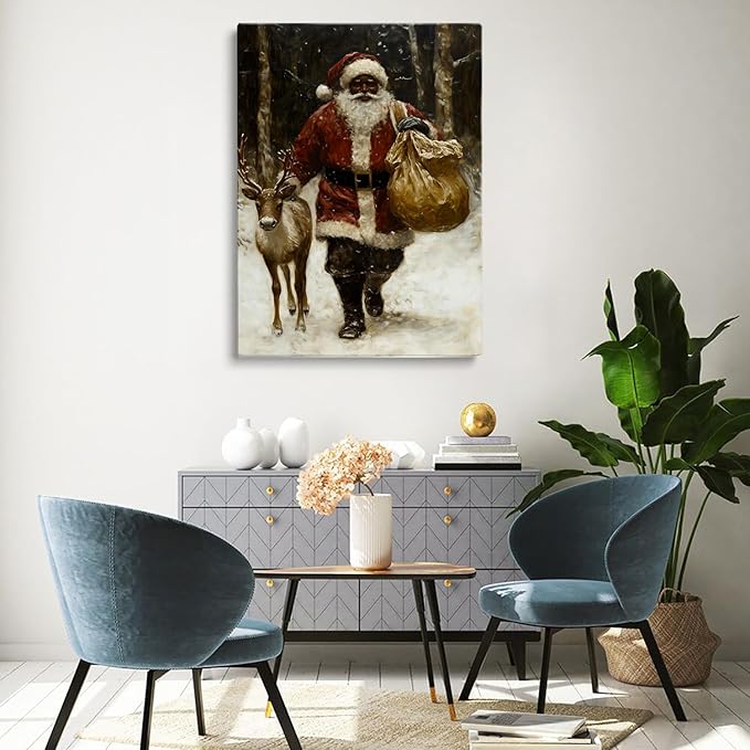 Coming to Town | Vintage Black Santa Claus Wall Art,Winter Holiday Decor,Christmas Print,Pockets Prints,African Santas With Reindeer Painting