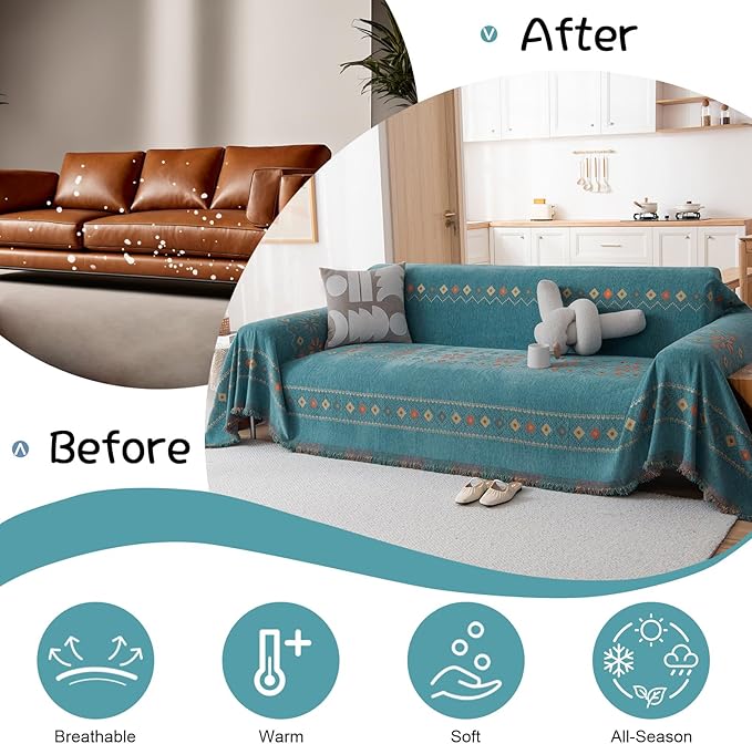 VClife Boho Couch Cover Green Geometric Jacquard Pattern Sofa Cover, 1 Piece Large Couch Covers for 3 Cushion Couch Sofa Washable Plush Chenille Sofa Protector for Living Room, 71x134 Inch