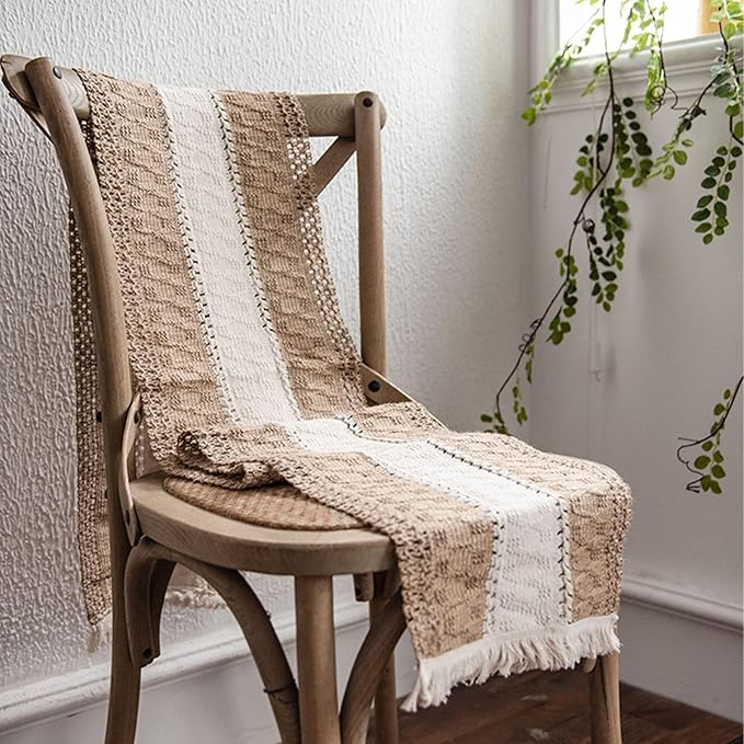 Boho Burlap Macrame Table Runner, Farmhouse Style Cotton Linen Rustic Woven Table Runner with Tassels for Dining, Wedding, Bridal Shower, Bohemian (12x108 inch, Off-White Stripe)