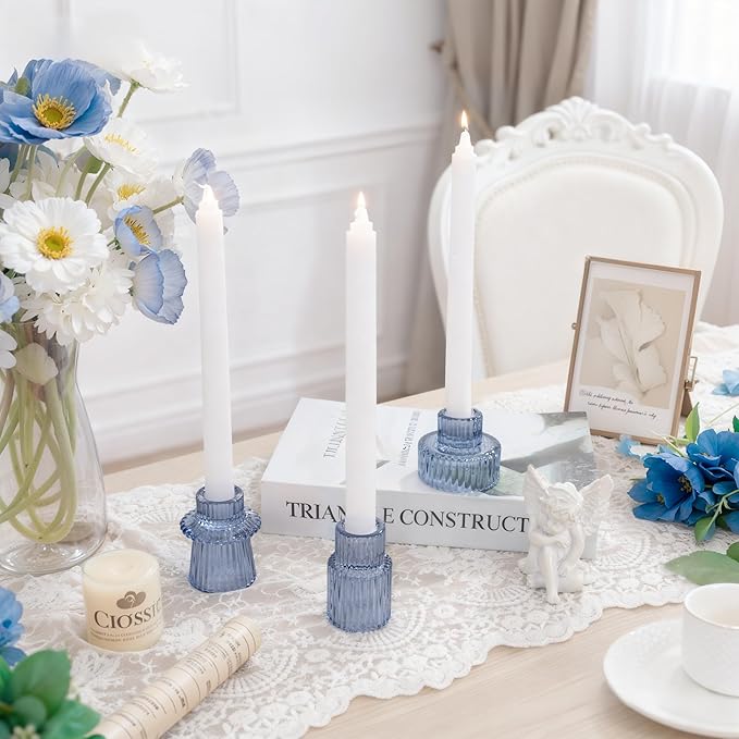 WELLIFE Blue Glass Candle Holder, 6 Pcs Tapered Candlestick Holders, Blue Glass Candlestick Holder for Table Centerpieces, Wedding Decor & Dinner Party