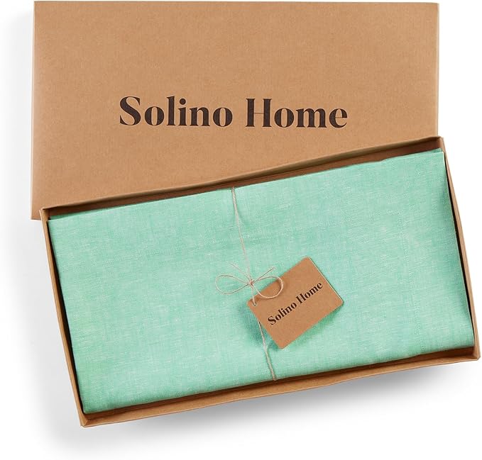 Solino Home Linen Cloth Tablecloth 52 x 52 Inch - 100% Pure Linen Chambray Aqua Square Tablecloth - Athena, Machine Washable Table Throw for Thanksgiving