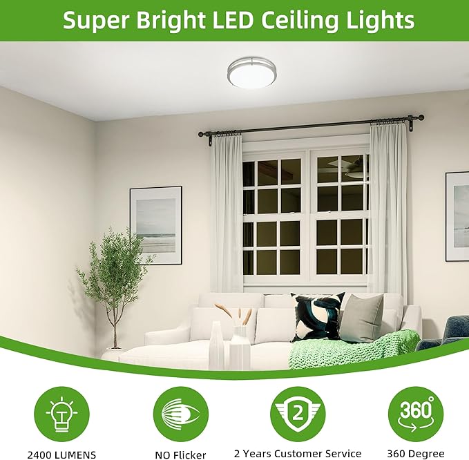 Hlite 24W 10inch LED Flush Mount Ceiling Light Fixture,1600LM Super Bright Light Fixture Ceiling Mount,LED Ceiling Light Flush Mount for Bedroom,Kitchen,Bathroom,5000K Daylight White,Nickel (1Pack)